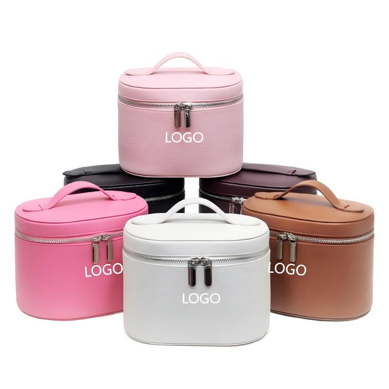 Wholesale Popular New Stock Fashion Travel Makeup Organizers Promotion Handle PU Leather Double Zip Custom Logo Ladies Portable Beauty Vanity Cosmetic Bag