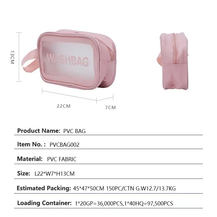 Custom Printing Logo Pink PVC Cosmetic Bag Custom Color Transparent Frosted Travel PVC Makeup Bag