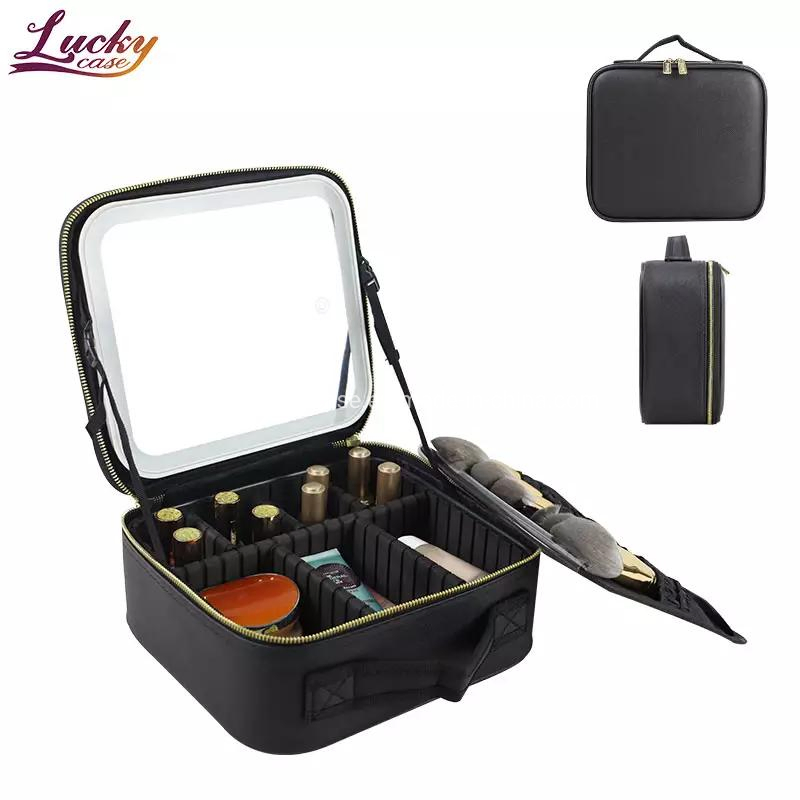 Vanity Bag with 3 Color Illuminated Mirror Rechargeable Portable 2 Layer Adjustable Dividers Makeup Bag Organizer for Travel