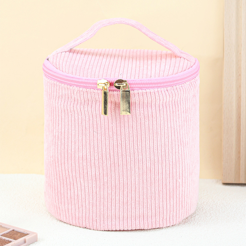 Promotional Cheap Price Women Beauty Accessories Storage Bag Zipper Closure Bucket Shape Corduroy Cosmetic Bag for Lady Makeup