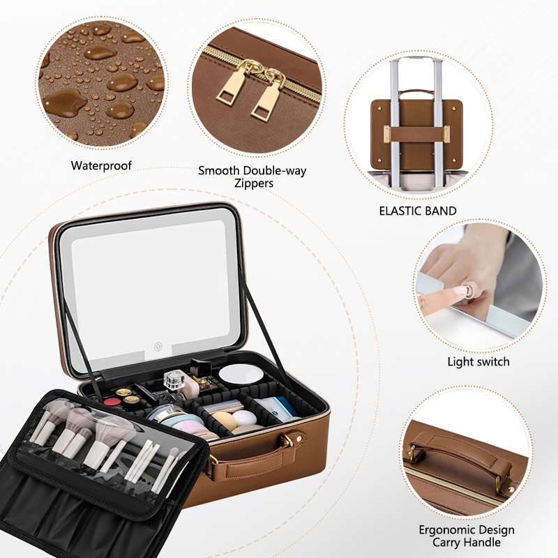 For Fashion Zipper Portable Luxury Travel Small Pu Leather Makeup Bag with LED Mirror Cosmetic for Organizer