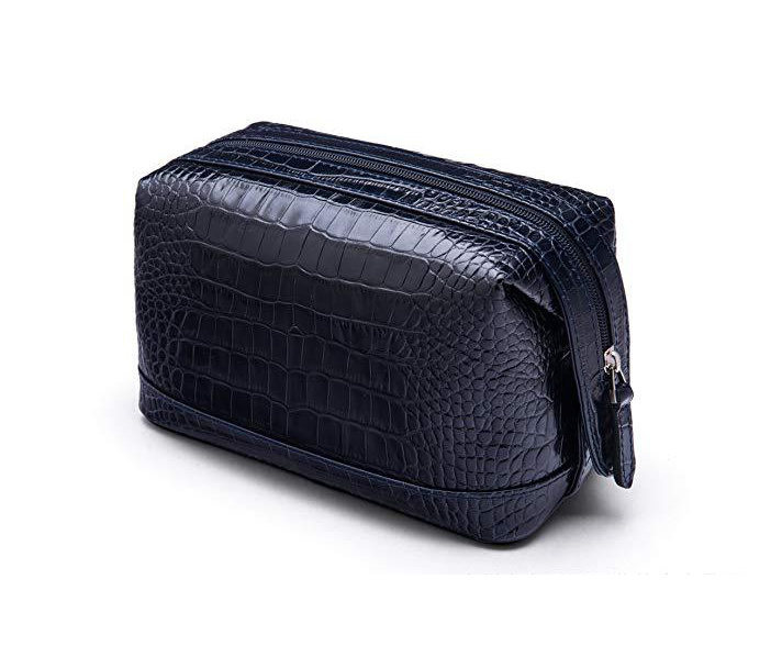 Men's Fashion Genuine Leather Travel for Toiletry Bag with Crocodile Embossed Zipper Alligator Pattern Cosmetic Case