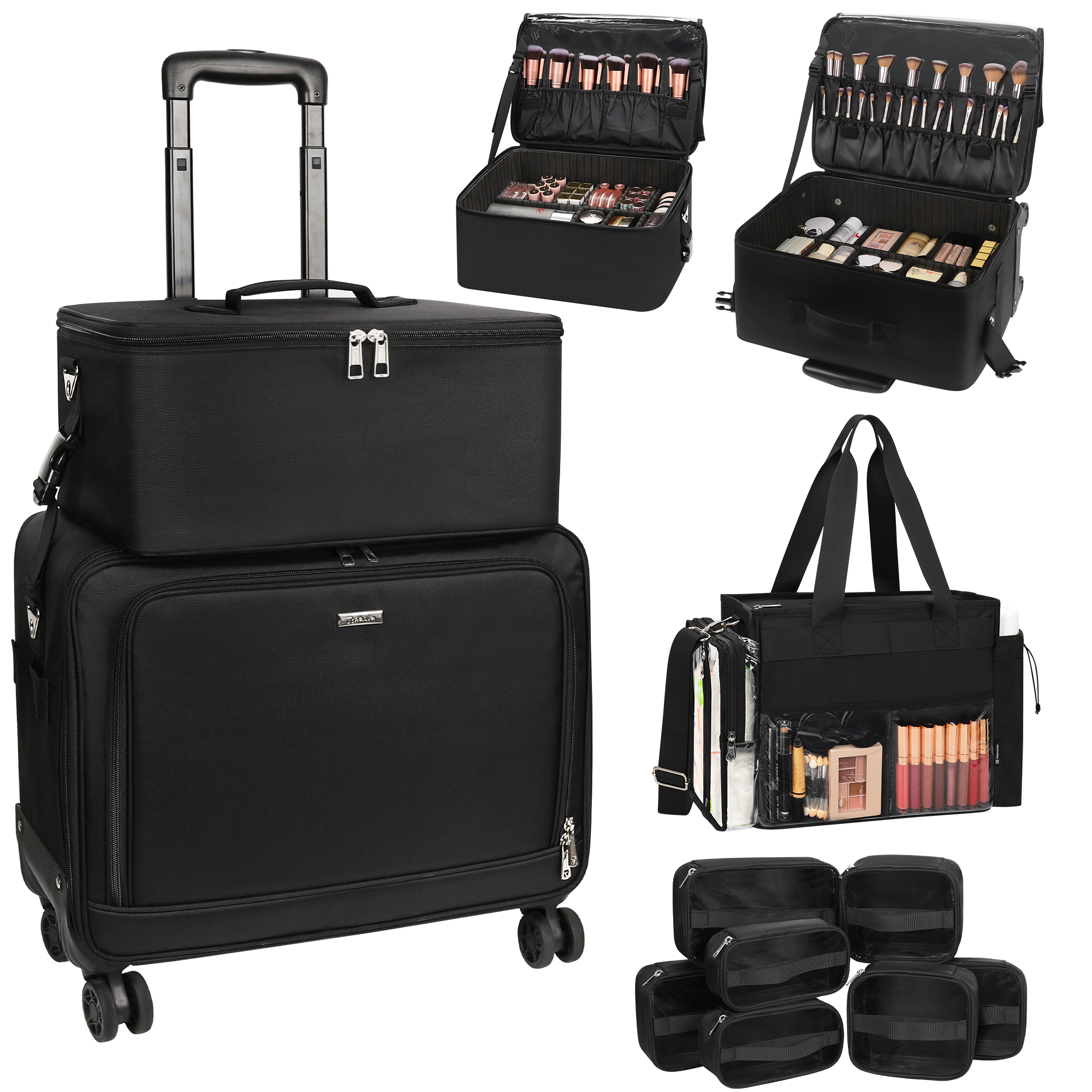 The Relevel Large-capacity Trolley Makeup case Comes with One Large Transparent Makeup Bag and Six Small Makeup Pouches.