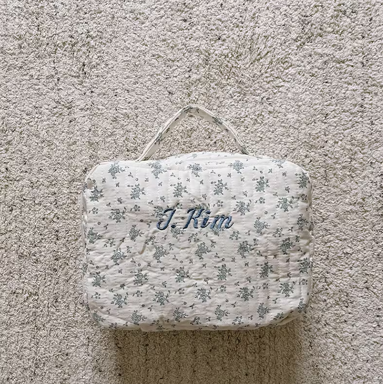 Environmental Large Capacity Floral Makeup Bag Quilted Cotton Women Toiletry Bag Portable Cosmetic Pouch with Handle