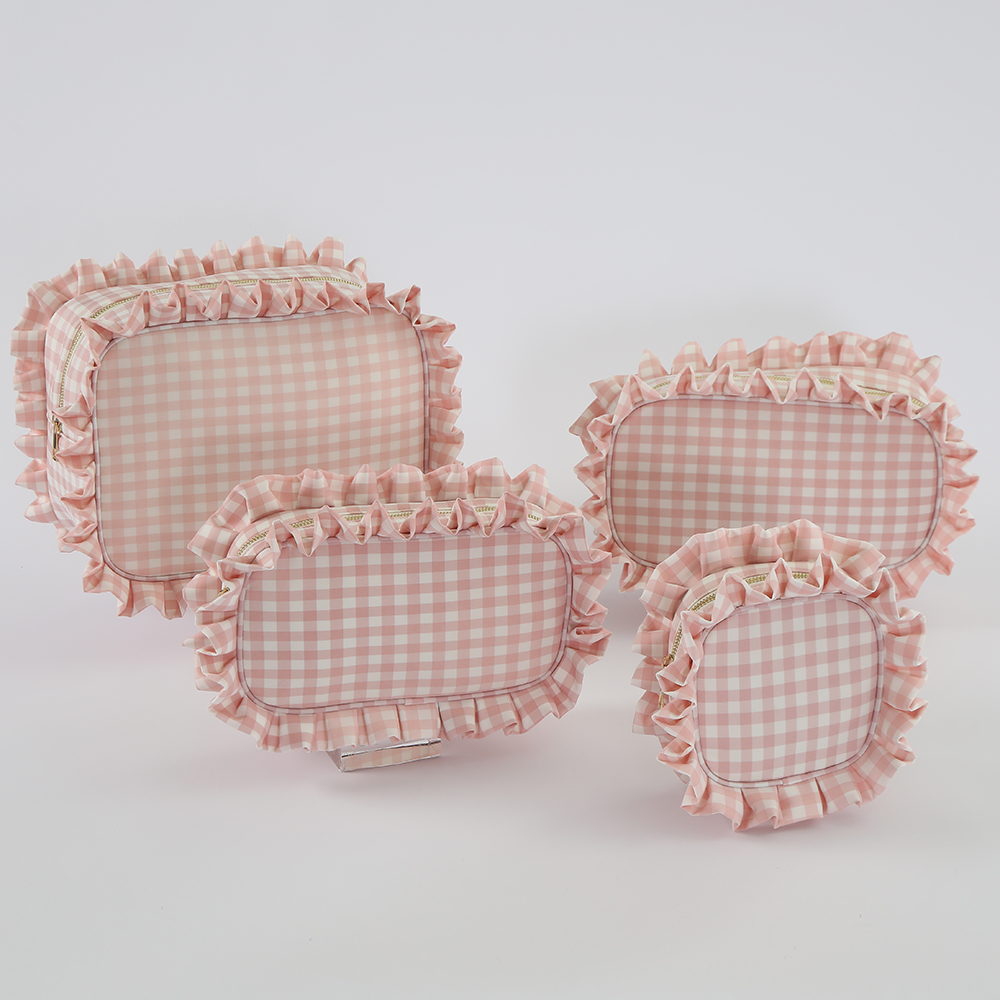 Cute Cotton Large Women Travel Zipper Pouch Toiletry Storage Organizer Wash Bag Gingham Cosmetic Bag Ruffle Makeup Pouch