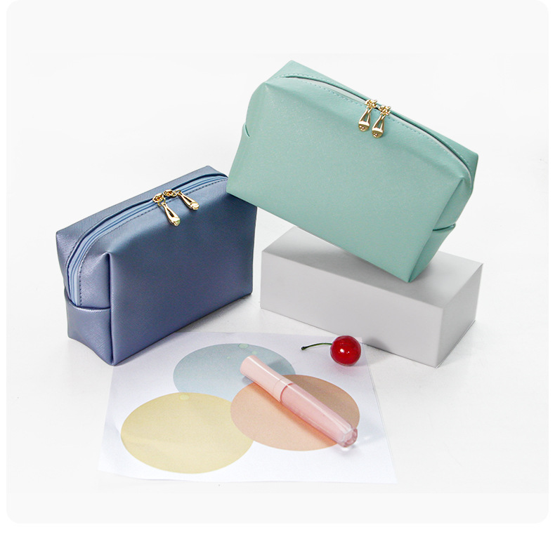 Women Cosmetic Bag Waterproof PU Leather Solid Color Makeup Pouch Travel Portable Wash Toiletry Storage Bag Organizer Purse
