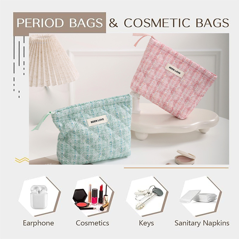 Quilted Cotton Cosmetic Bag Handle Organic Cotton Makeup Pouch Multi-Function Vanity Case Featuring Thread Pattern PU