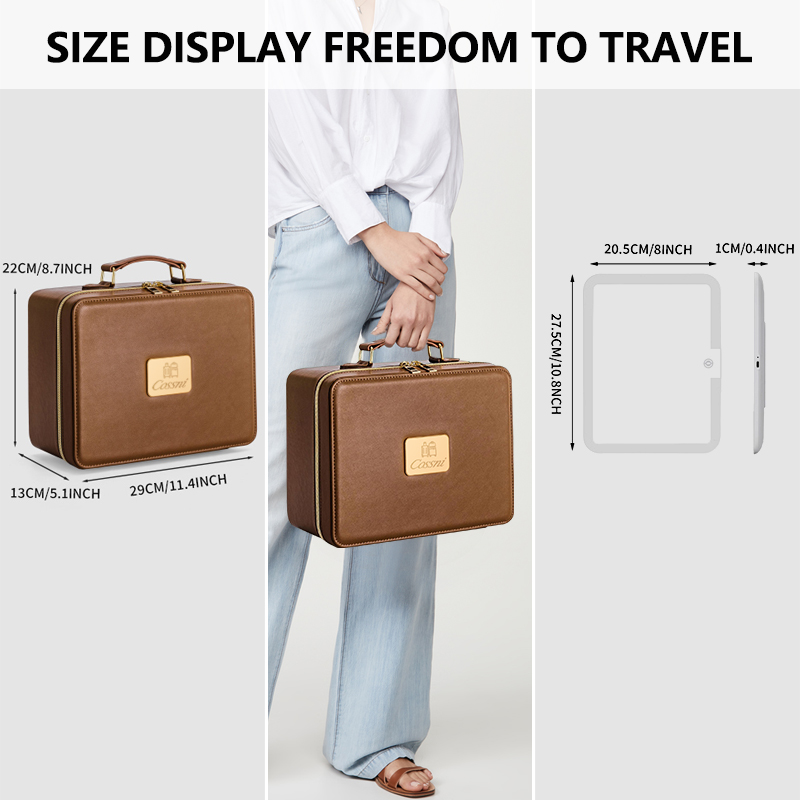 For Fashion Zipper Portable Luxury Travel Small Pu Leather Makeup Bag with LED Mirror Cosmetic for Organizer