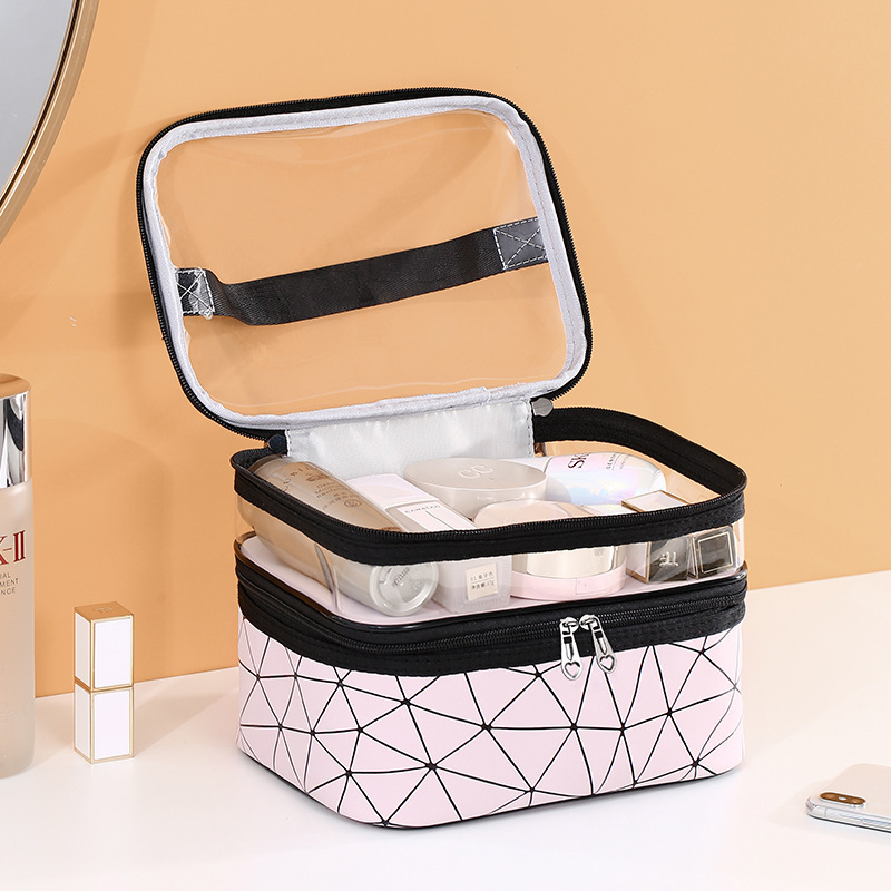 Large Capacity Double-Layer Trendy Eco-Friendly Durable PVC Makeup Bag with Custom Logo Transparent Waterproof for Case