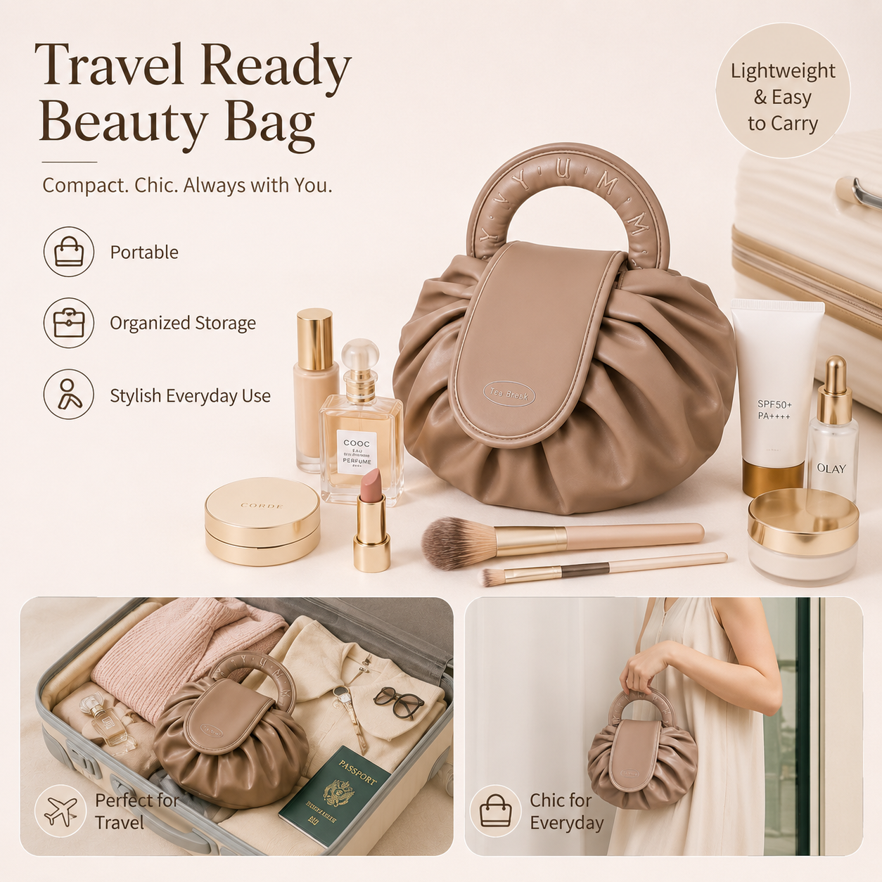 High Quality Women's Large Capacity Lazy Makeup Bag with Tiled Rope New Travel Storage Wash Bag Cosmetics Mini Makeup Pouch