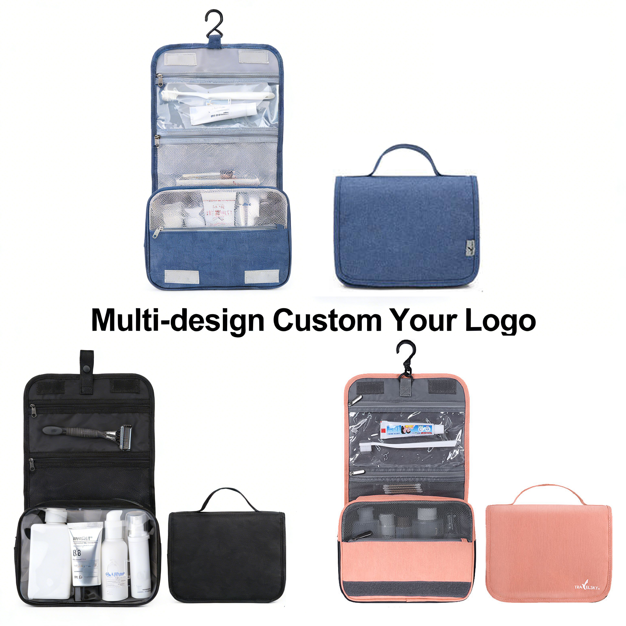 Customized Logo Toiletry Bag Portable Water-Resistant Hanging Large Capacity Polyester Travel Cosmetic Bags