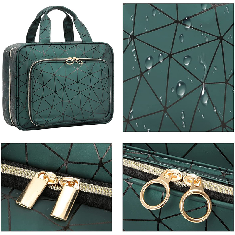 Luxury PU Leather Cork Hanging Quilted Travel Toiletry Bag with Logo Makeup Cosmetic Train Travel Toiletry Organizer
