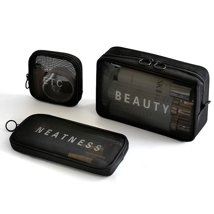 Low MOQ Candy Color Black Nylon Mesh Makeup Beauty Accessories Zipper Pouch Cosmetic Wash Bag