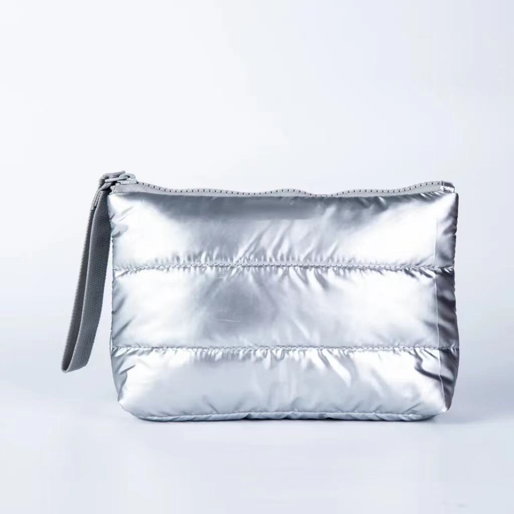 Customized Eco-Friendly Recyclable Waterproof Nylon Quilted Makeup Bag Travel Padded Cosmetic Pouch Fashion Silver Zipper