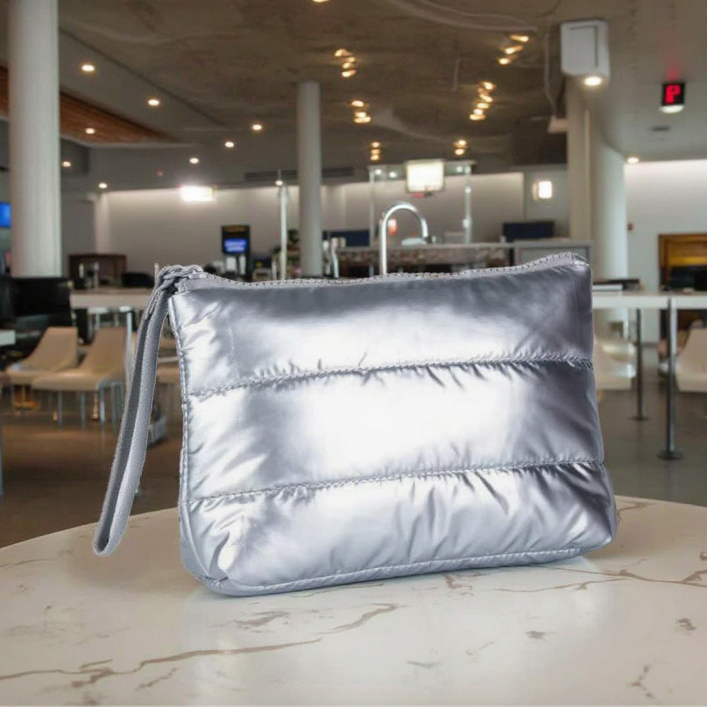Customized Eco-Friendly Recyclable Waterproof Nylon Quilted Makeup Bag Travel Padded Cosmetic Pouch Fashion Silver Zipper