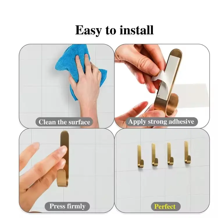 Self-Adhesive Matte Brass Heavy Duty Copper Wall Hooks For Door Wall - Installed View