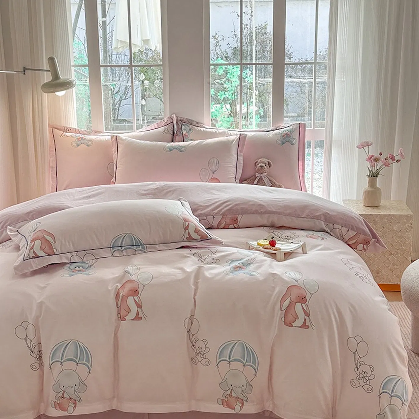 Cartoon Printing 100% Cotton Duvet Comforter Quilt Cover Pink Bed Linen Flat Bed Sheets Pillowcases Skin-Friendly Children Home Textile Sabanas Kids Bedding Set