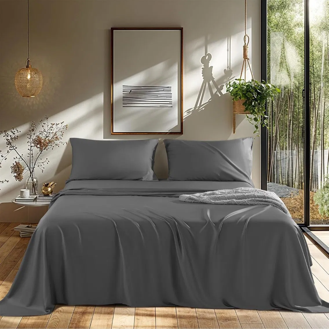 100% Organic Viscose Bamboo Bed Sheets with Cooling Flat Sheet Fitted Sheet Bedding Set Breathable Luxury Home Hotel Textile Soft Feeling Bed Linen Pillowcases