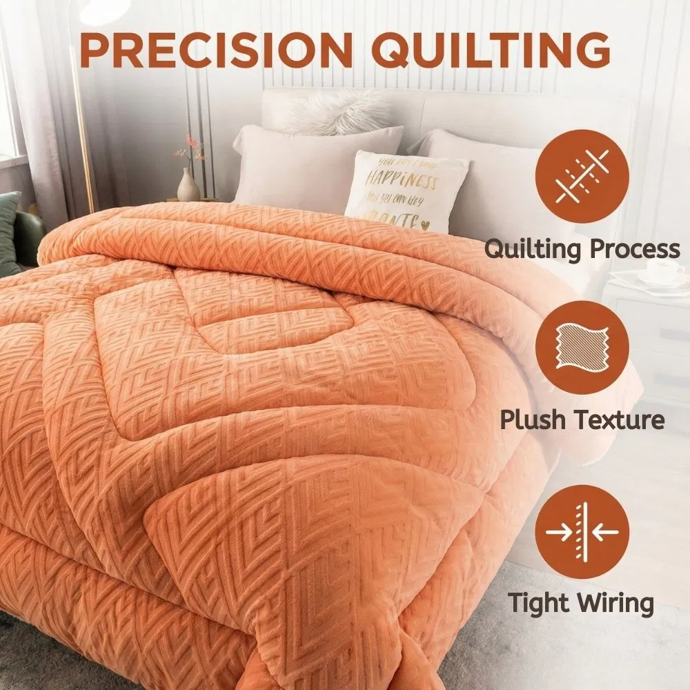 Hoomly 3D Embossed Carved Velvet Comforter Set Luxury Coral Orange Plush Bedding Set