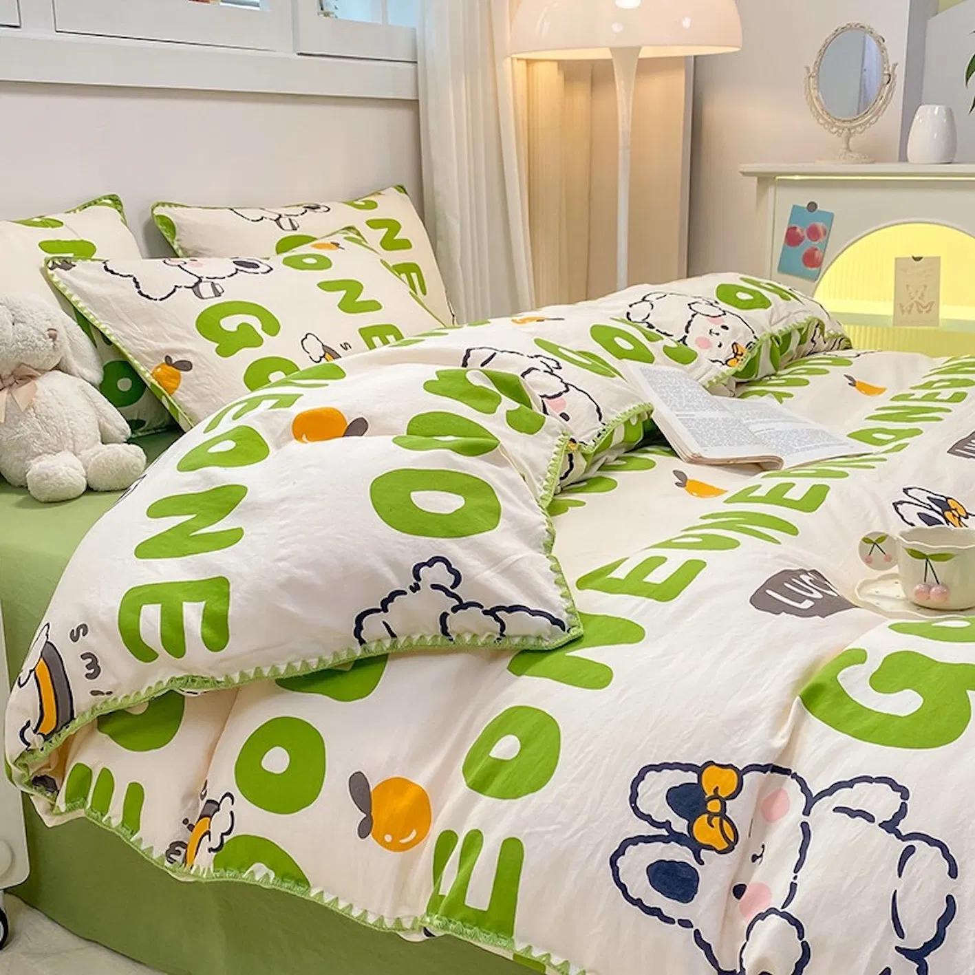 Green Cartoon Printing Skin-Friendly Microfiber Polyester Duvet Comforter Quilt Cover Single Double Bed Sheets Pillowcases Guangdong Kid's Home Bedding Set