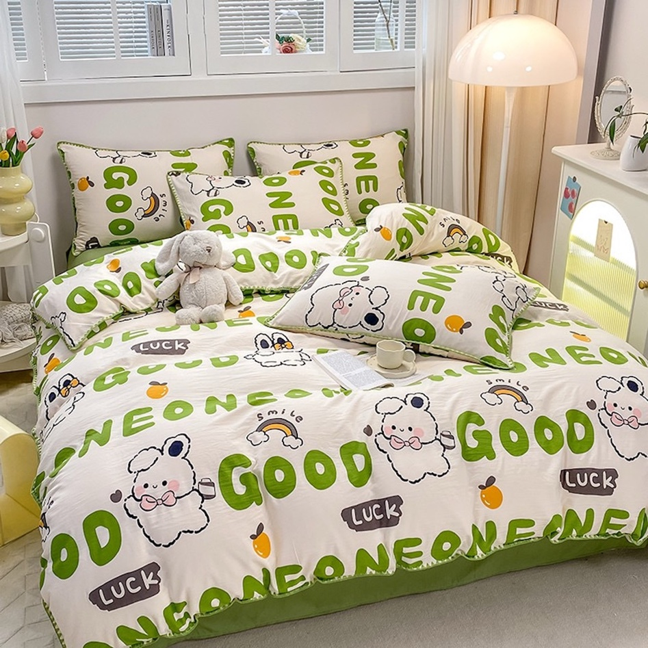 Green Cartoon Printing Skin-Friendly Microfiber Polyester Duvet Comforter Quilt Cover Single Double Bed Sheets Pillowcases Guangdong Kid's Home Bedding Set