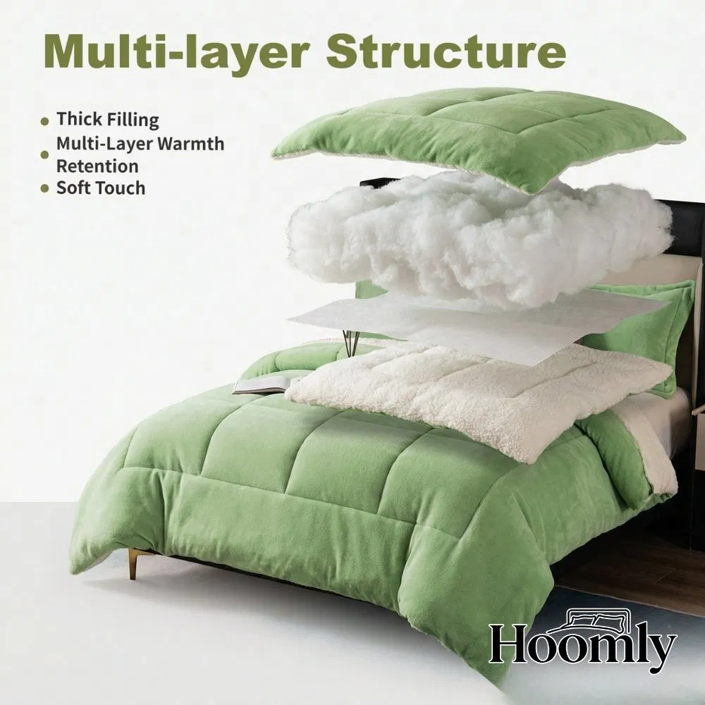 Hoomly Luxury Green Reversible Sherpa Fleece &amp; Flannel Velvet Comforter Set Home Textile Quilting Blanket