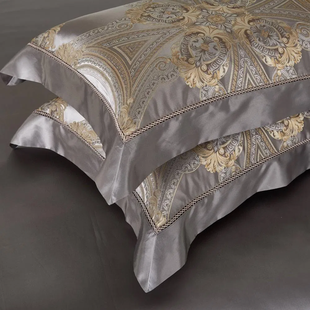 Top Luxury Royal Home Textile Grey Yarn-Dyed Comforter Quilt 100% Mulberry Silk Duvet Cover Four-Piece Coverlets King Size Bed Flat Sheet Pillowcase Bedding Set