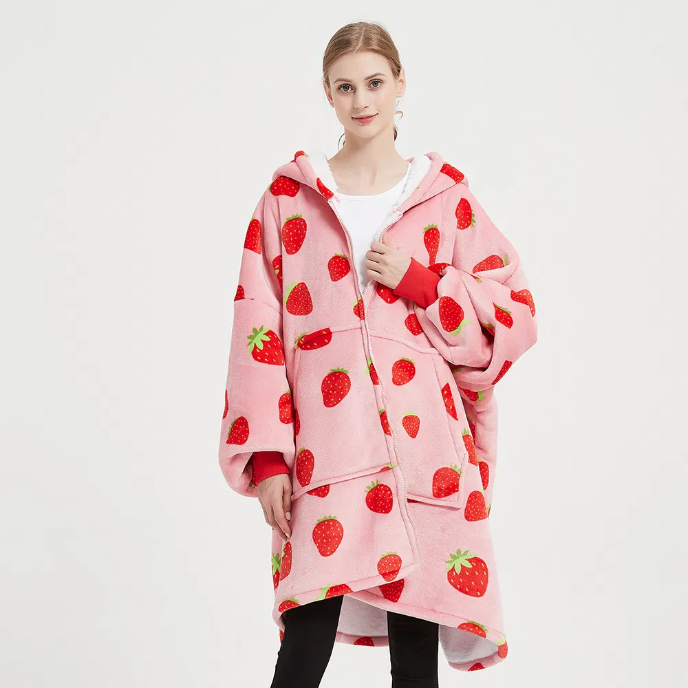 Oversized Adult Wearable Blanket with Deep Pockets Warm Fleece Sherpa Hooded Blanket