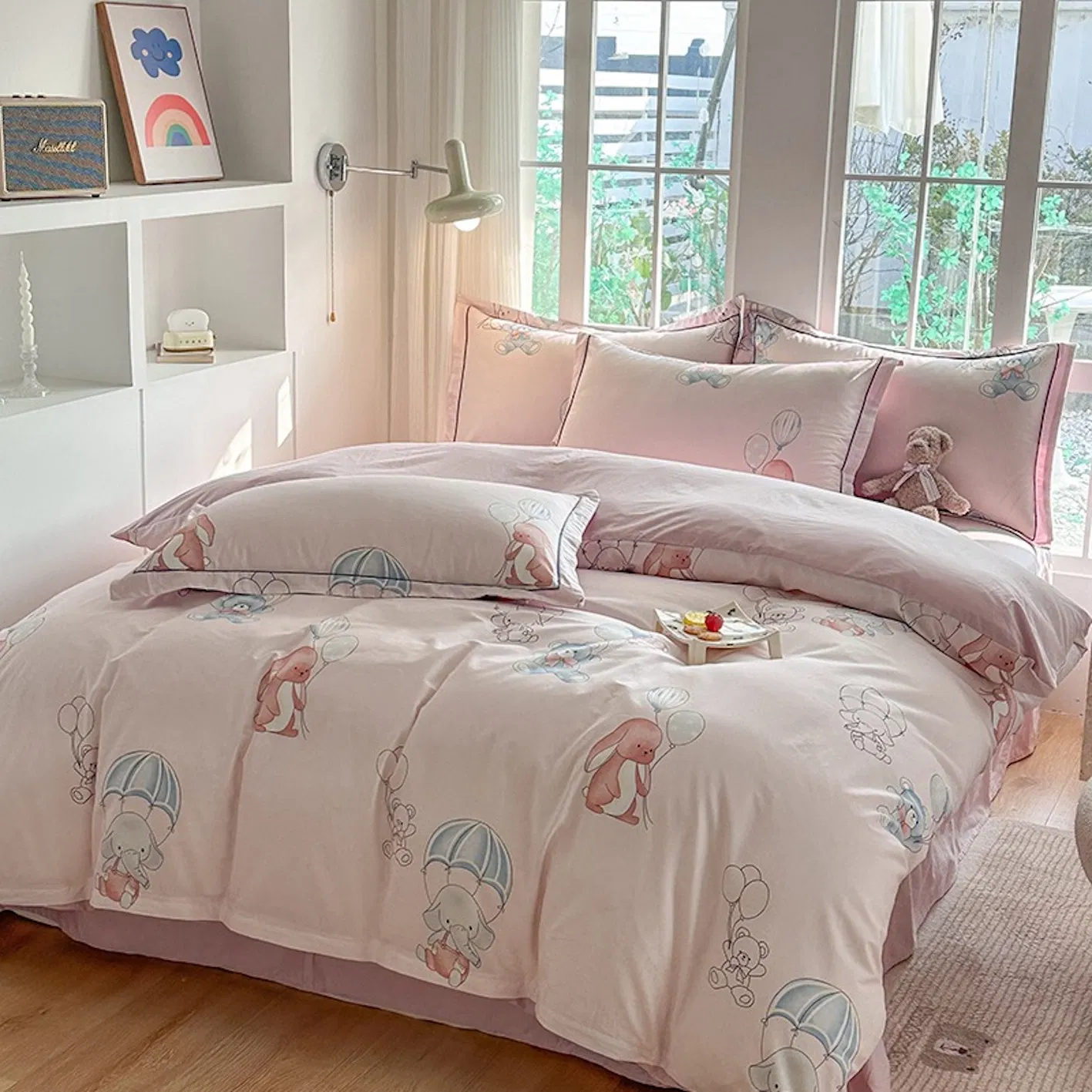 Cartoon Printing 100% Cotton Duvet Comforter Quilt Cover Pink Bed Linen Flat Bed Sheets Pillowcases Skin-Friendly Children Home Textile Sabanas Kids Bedding Set