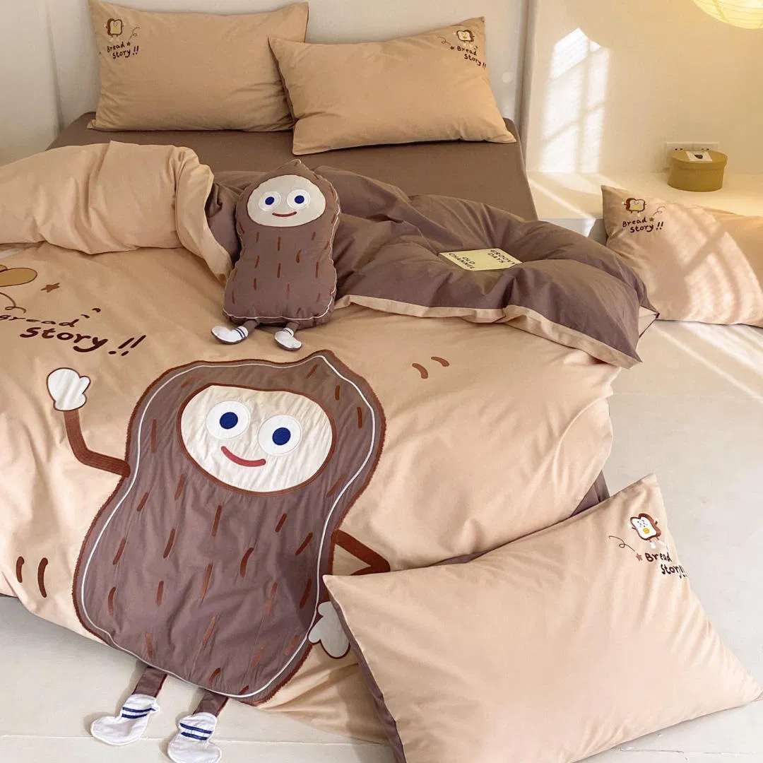 Wholesale Cartoon Peanut Embroidered-Bedlinen Duvet Cover 100% Washed Cotton King Size Brown Quilt ODM Coverlets Bed Sheets Kids' 4PCS Home Bedding Set
