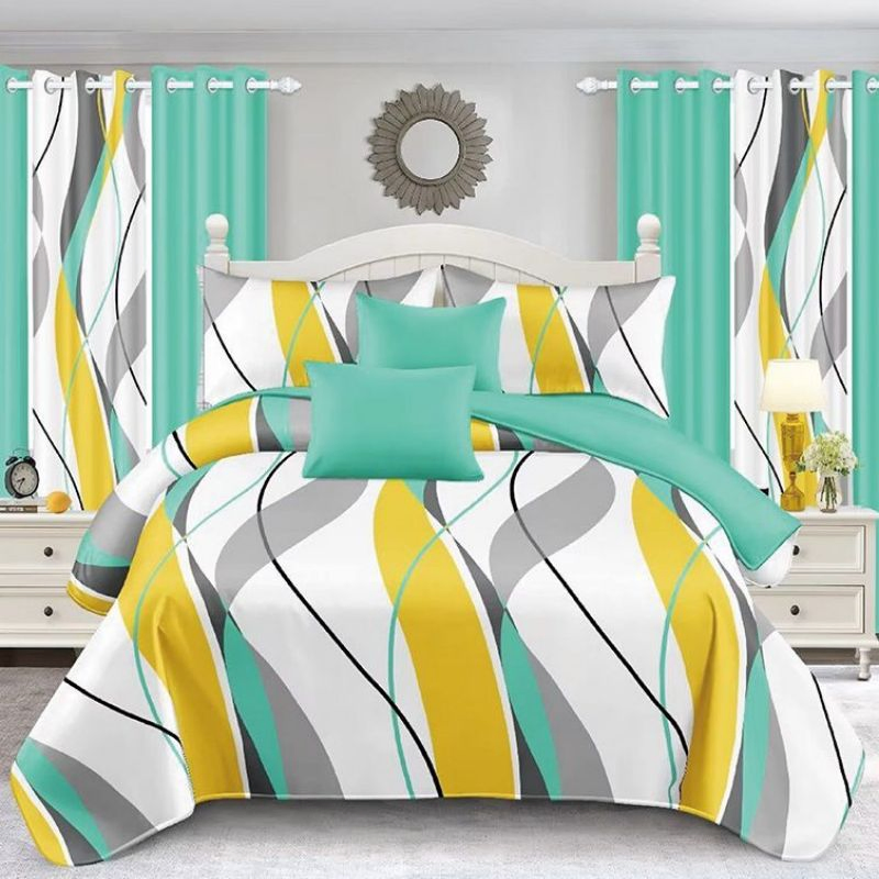 Customizable Blue Duvet Cover Printed Comforter Polyester Bed Sheet Set Pillow Sham Colored 11 Piece Home Textile Quilted Bedspread Bedding Set with Curtain