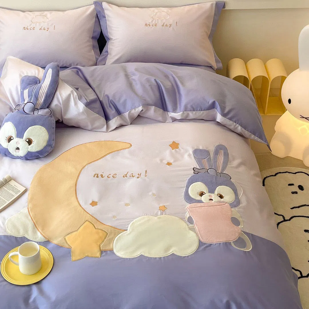 Cute Cartoon Embroidery Comforter Duvet Cover Soft Fitted Sheet 100% Cotton Purple Bed Sheets Kids' Home Textile Coverlets ODM Pillowcases Bedding Set Supplier