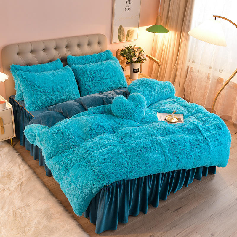 High Quality Winter Warm Fleece Blanket Mink Quilt with Pillow Sham Blue Comforter Duvet Cover Home Textile Bed Sheet Bed Linen Bedding Set
