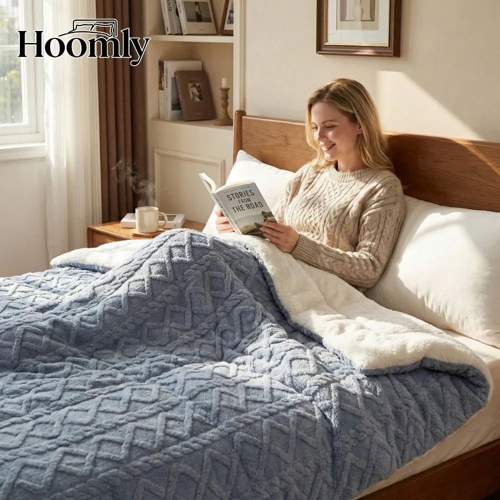 Hoomly Fashion Jacquard Shu Velvet Sherpa Plush Comforter Set Quilting Fleece Bedding Set for Winter