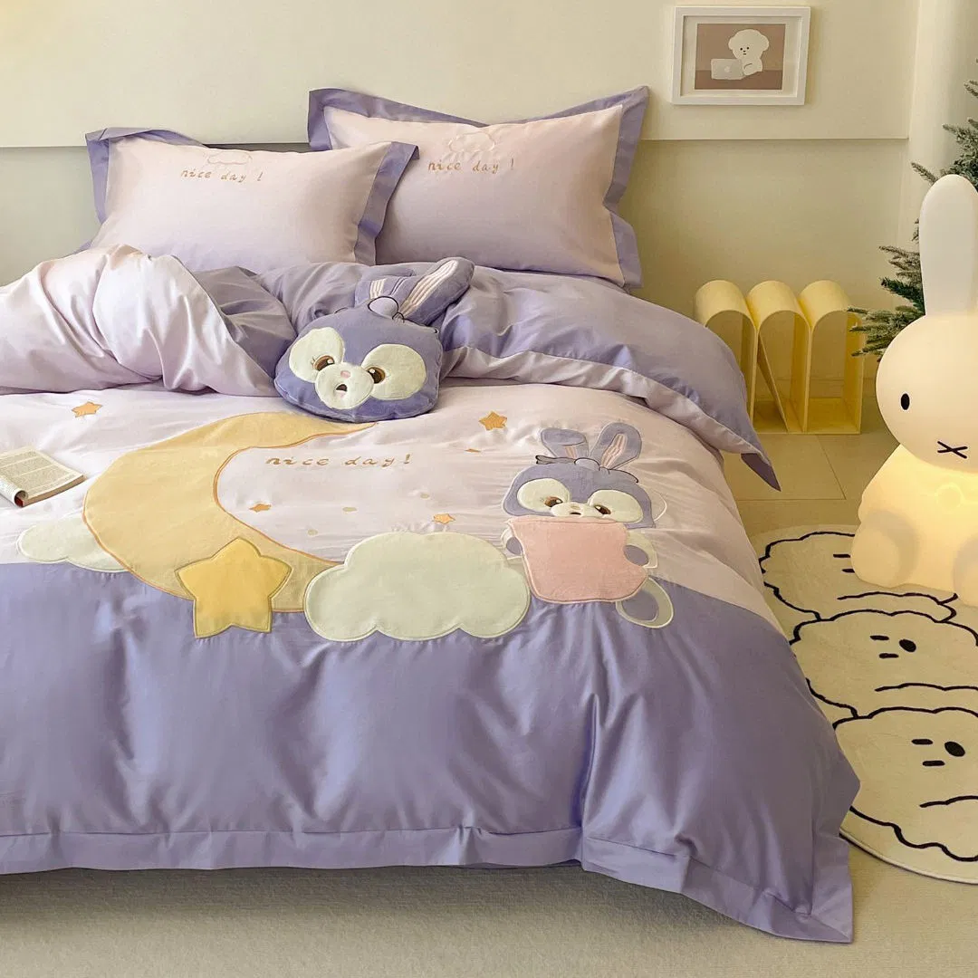Cute Cartoon Embroidery Comforter Duvet Cover Soft Fitted Sheet 100% Cotton Purple Bed Sheets Kids' Home Textile Coverlets ODM Pillowcases Bedding Set Supplier