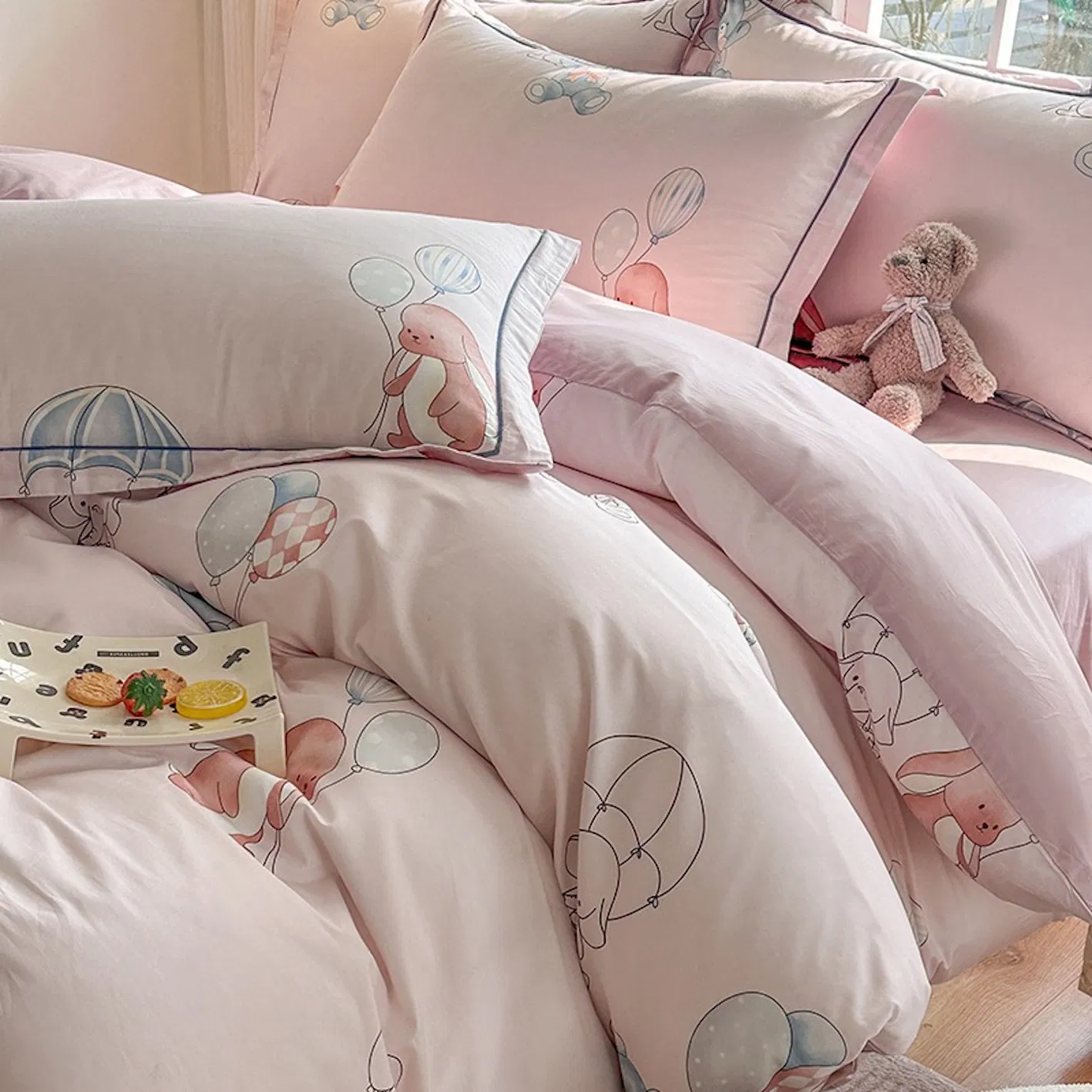 Cartoon Printing 100% Cotton Duvet Comforter Quilt Cover Pink Bed Linen Flat Bed Sheets Pillowcases Skin-Friendly Children Home Textile Sabanas Kids Bedding Set