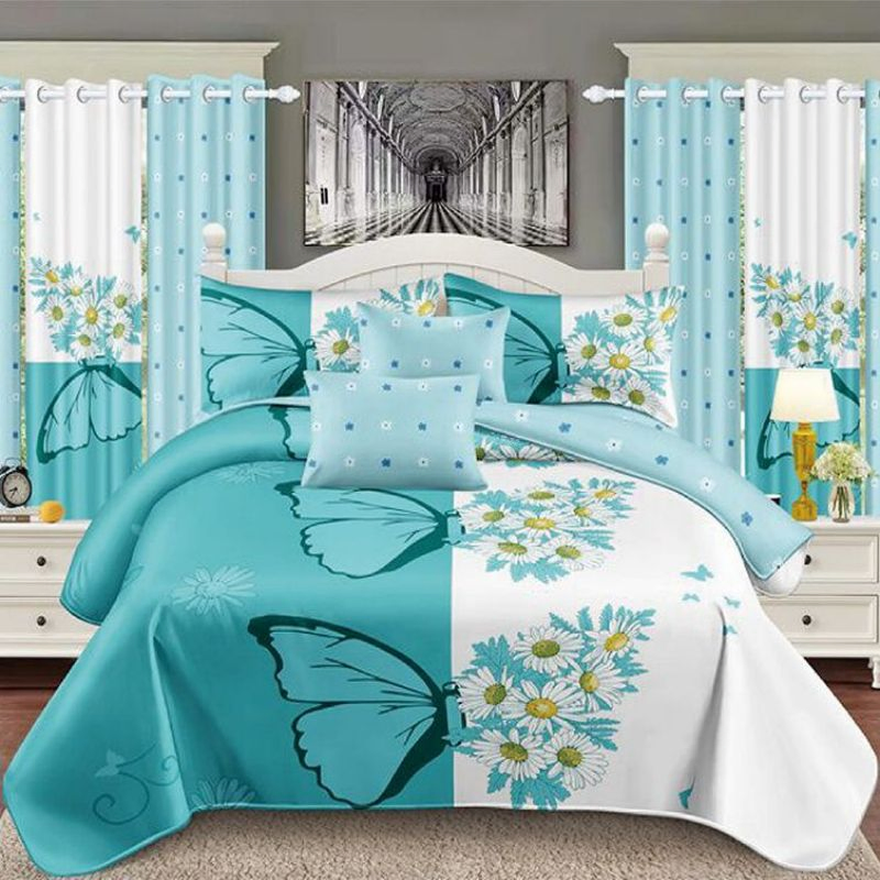 Customizable Blue Duvet Cover Printed Comforter Polyester Bed Sheet Set Pillow Sham Colored 11 Piece Home Textile Quilted Bedspread Bedding Set with Curtain