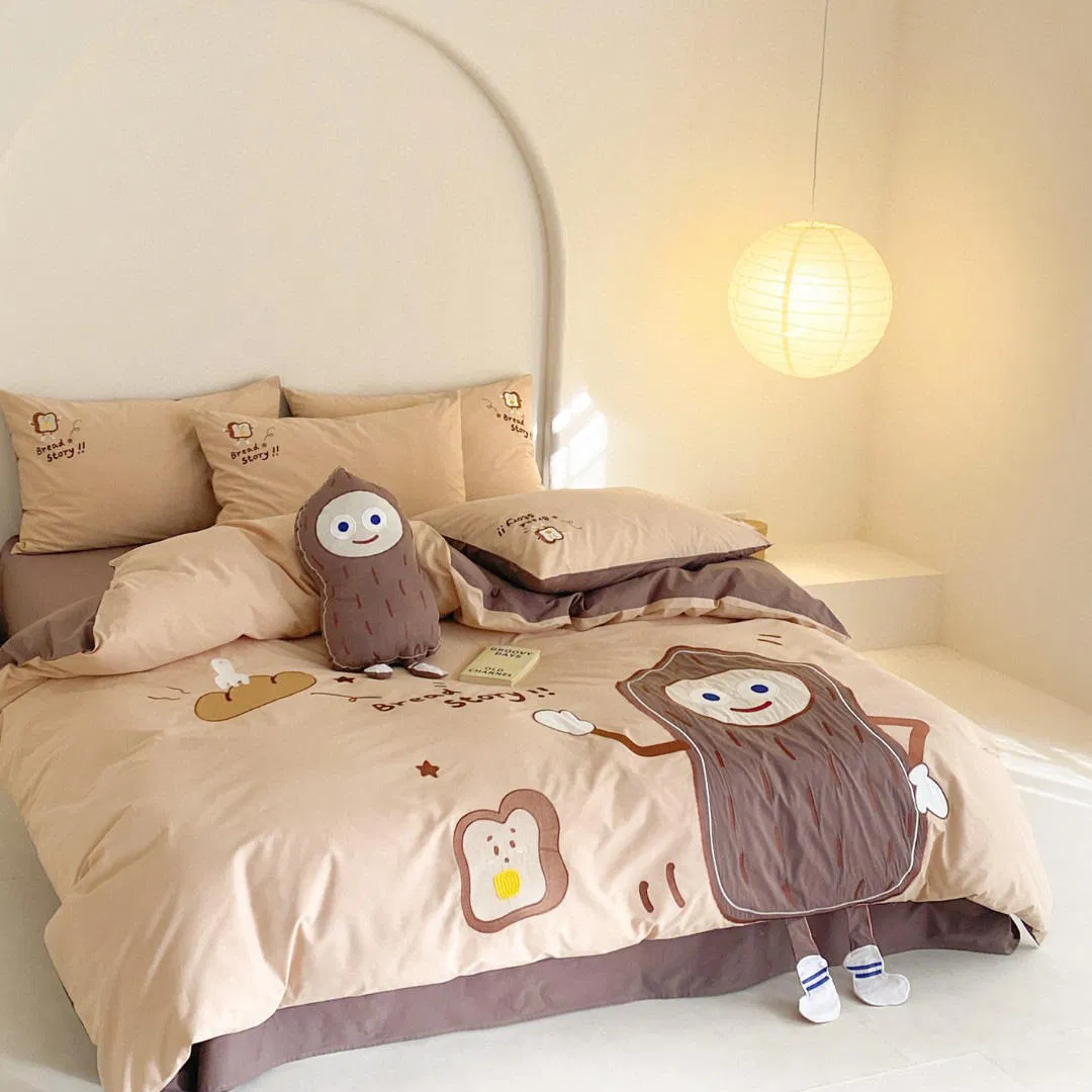 Wholesale Cartoon Peanut Embroidered-Bedlinen Duvet Cover 100% Washed Cotton King Size Brown Quilt ODM Coverlets Bed Sheets Kids' 4PCS Home Bedding Set