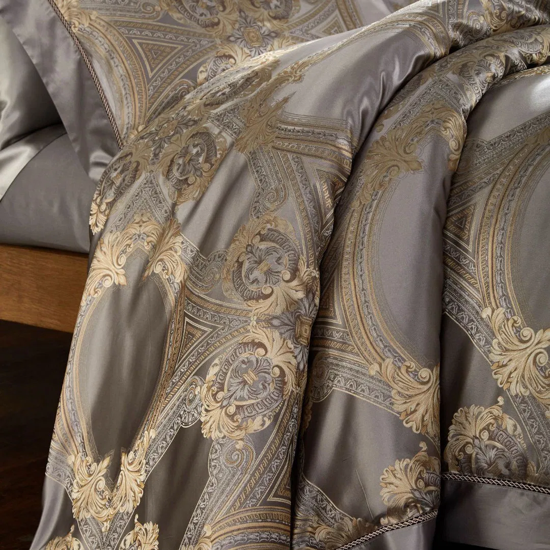 Top Luxury Royal Home Textile Grey Yarn-Dyed Comforter Quilt 100% Mulberry Silk Duvet Cover Four-Piece Coverlets King Size Bed Flat Sheet Pillowcase Bedding Set