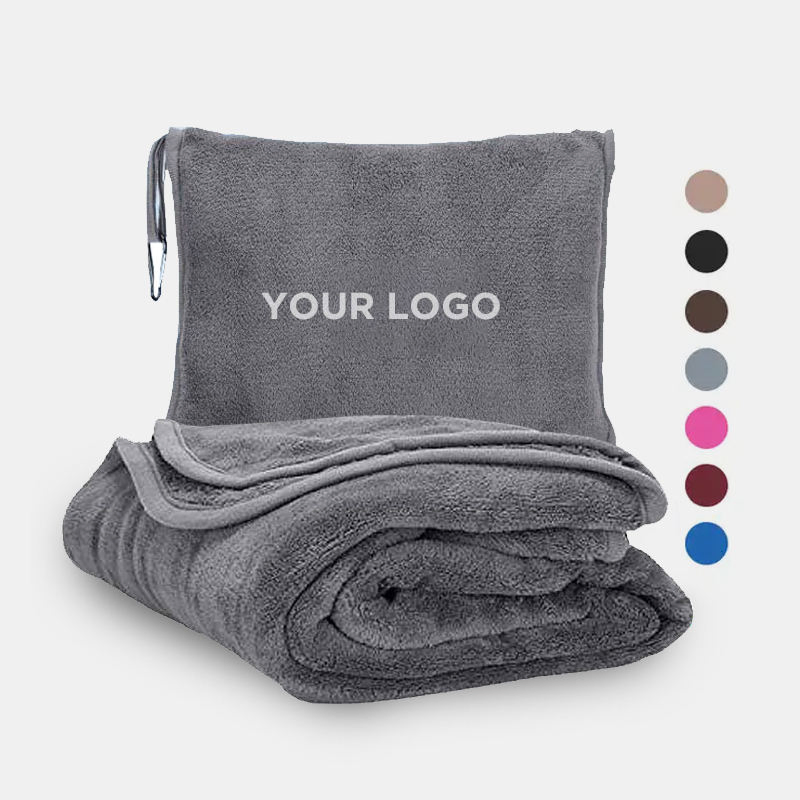 Logo Custom 2 in 1 Airplane Throw Blankets with Soft Bag Pillowcase Hand Luggage Sleeve Backpack Clip Nap Travel Blanket and Pillow Set