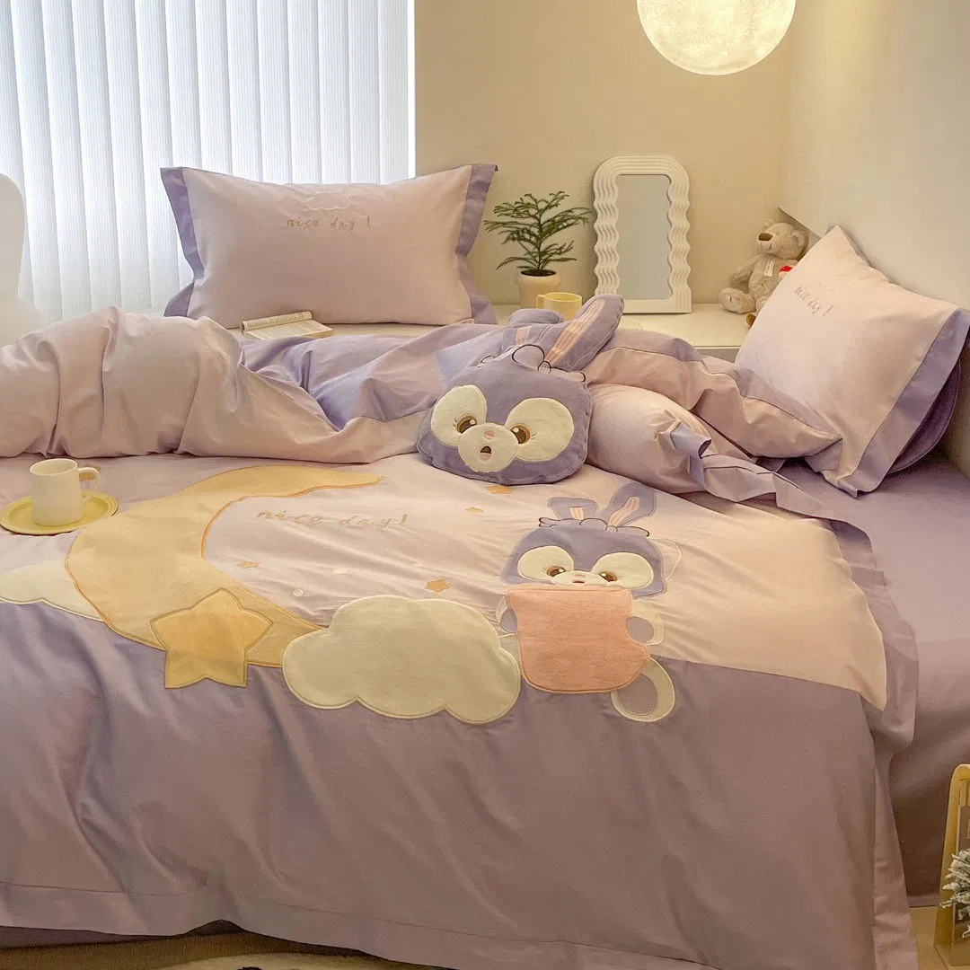 Cute Cartoon Embroidery Comforter Duvet Cover Soft Fitted Sheet 100% Cotton Purple Bed Sheets Kids' Home Textile Coverlets ODM Pillowcases Bedding Set Supplier