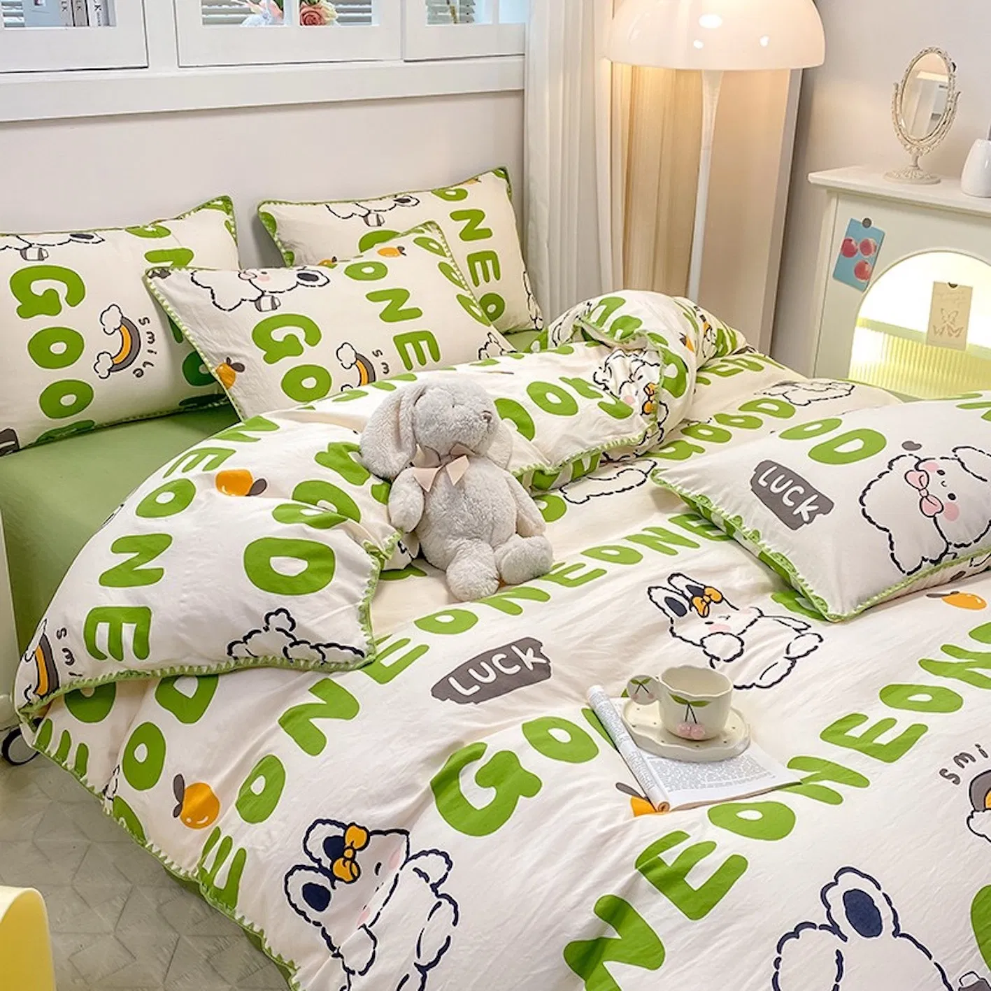 Green Cartoon Printing Skin-Friendly Microfiber Polyester Duvet Comforter Quilt Cover Single Double Bed Sheets Pillowcases Guangdong Kid's Home Bedding Set