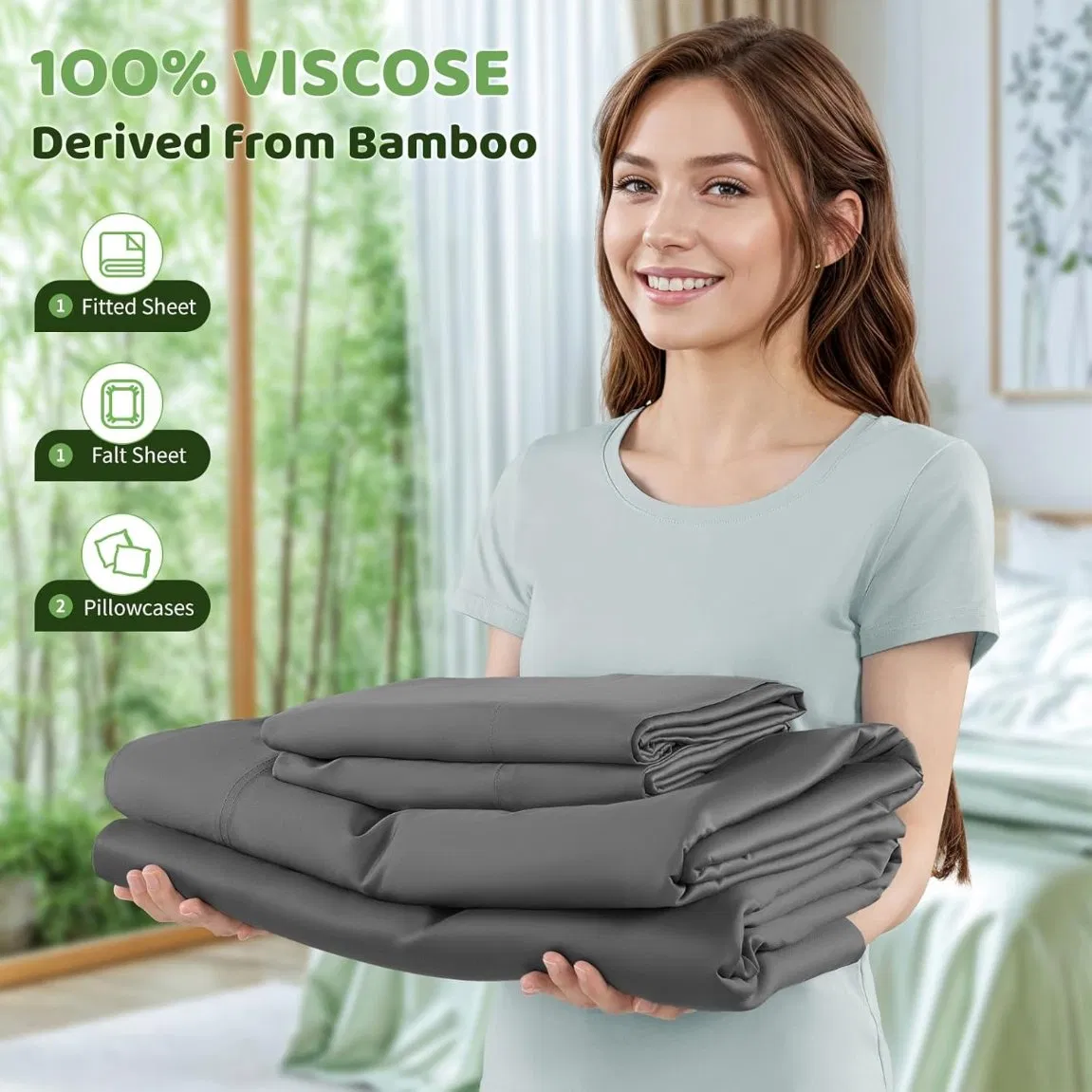 100% Organic Viscose Bamboo Bed Sheets with Cooling Flat Sheet Fitted Sheet Bedding Set Breathable Luxury Home Hotel Textile Soft Feeling Bed Linen Pillowcases
