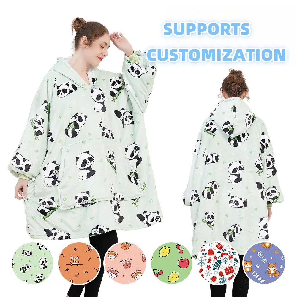 Oversized Adult Wearable Blanket with Deep Pockets Warm Fleece Sherpa Hooded Blanket