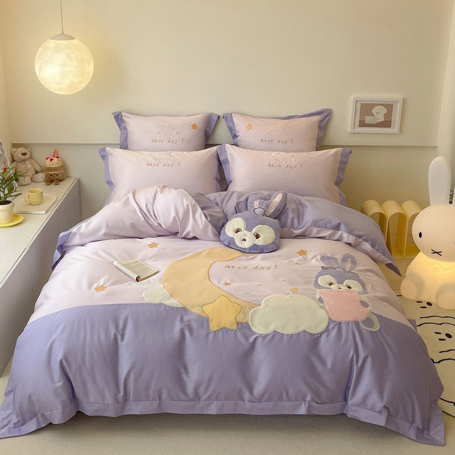 Cute Cartoon Embroidery Comforter Duvet Cover Soft Fitted Sheet 100% Cotton Purple Bed Sheets Kids' Home Textile Coverlets ODM Pillowcases Bedding Set Supplier