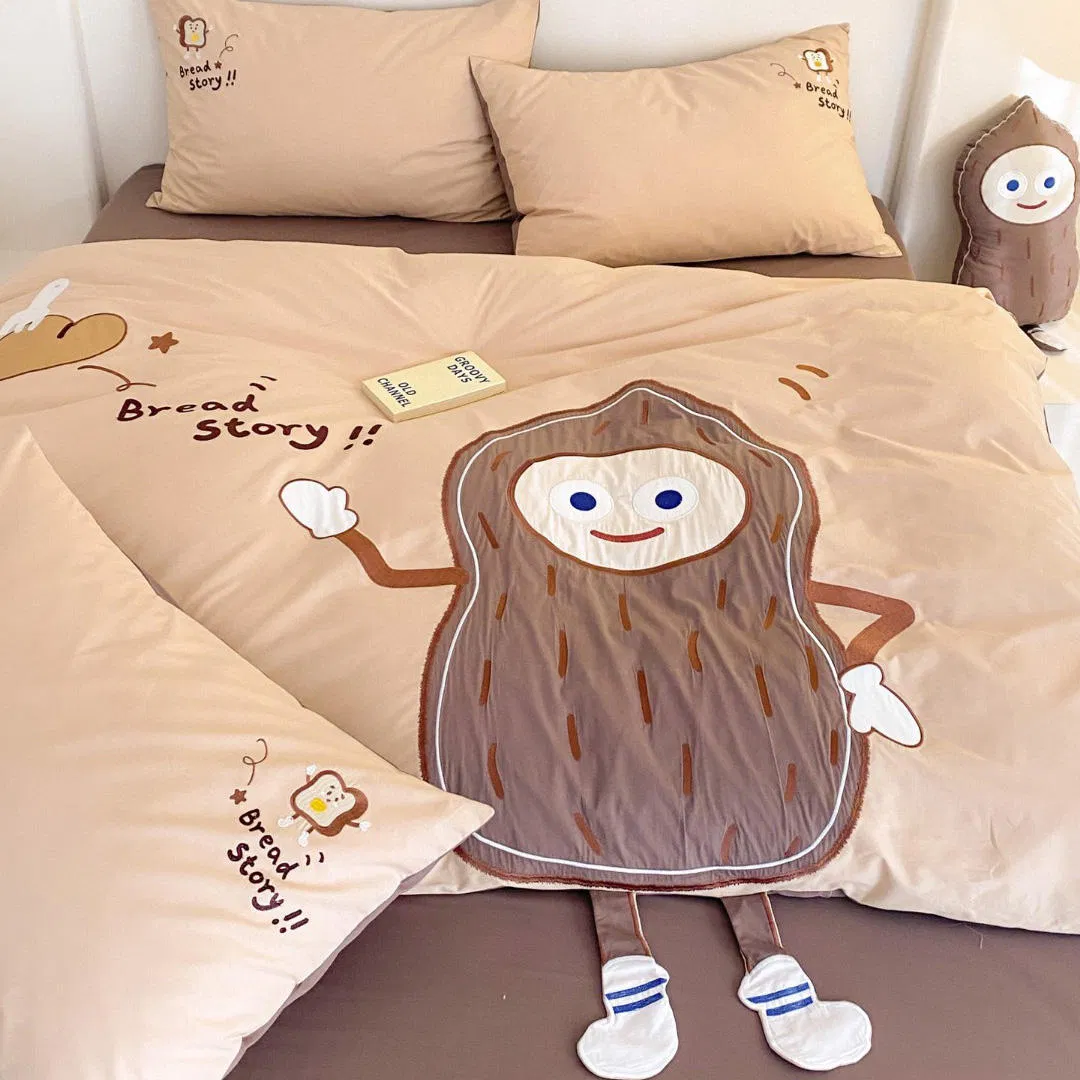 Wholesale Cartoon Peanut Embroidered-Bedlinen Duvet Cover 100% Washed Cotton King Size Brown Quilt ODM Coverlets Bed Sheets Kids' 4PCS Home Bedding Set