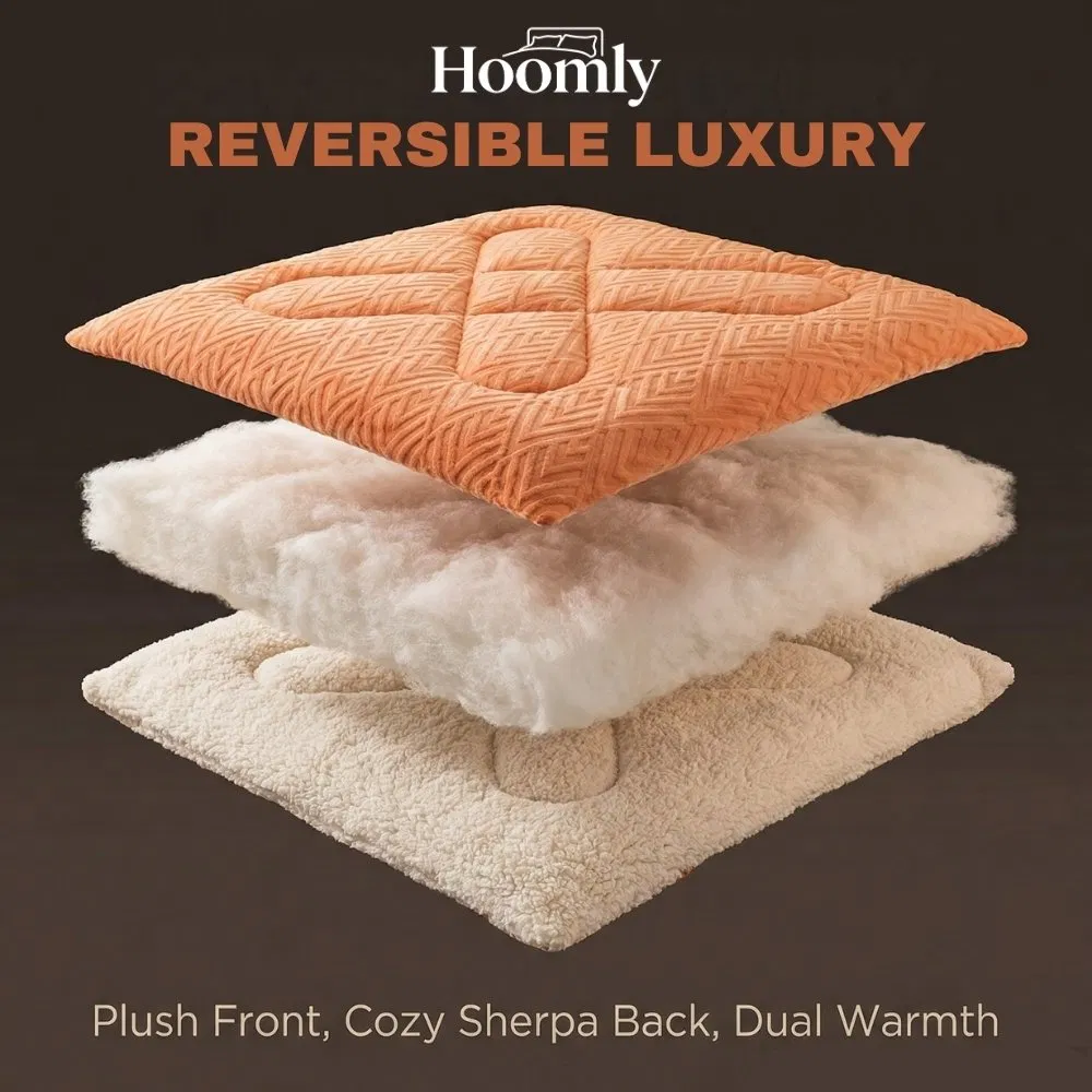 Hoomly 3D Embossed Carved Velvet Comforter Set Luxury Coral Orange Plush Bedding Set