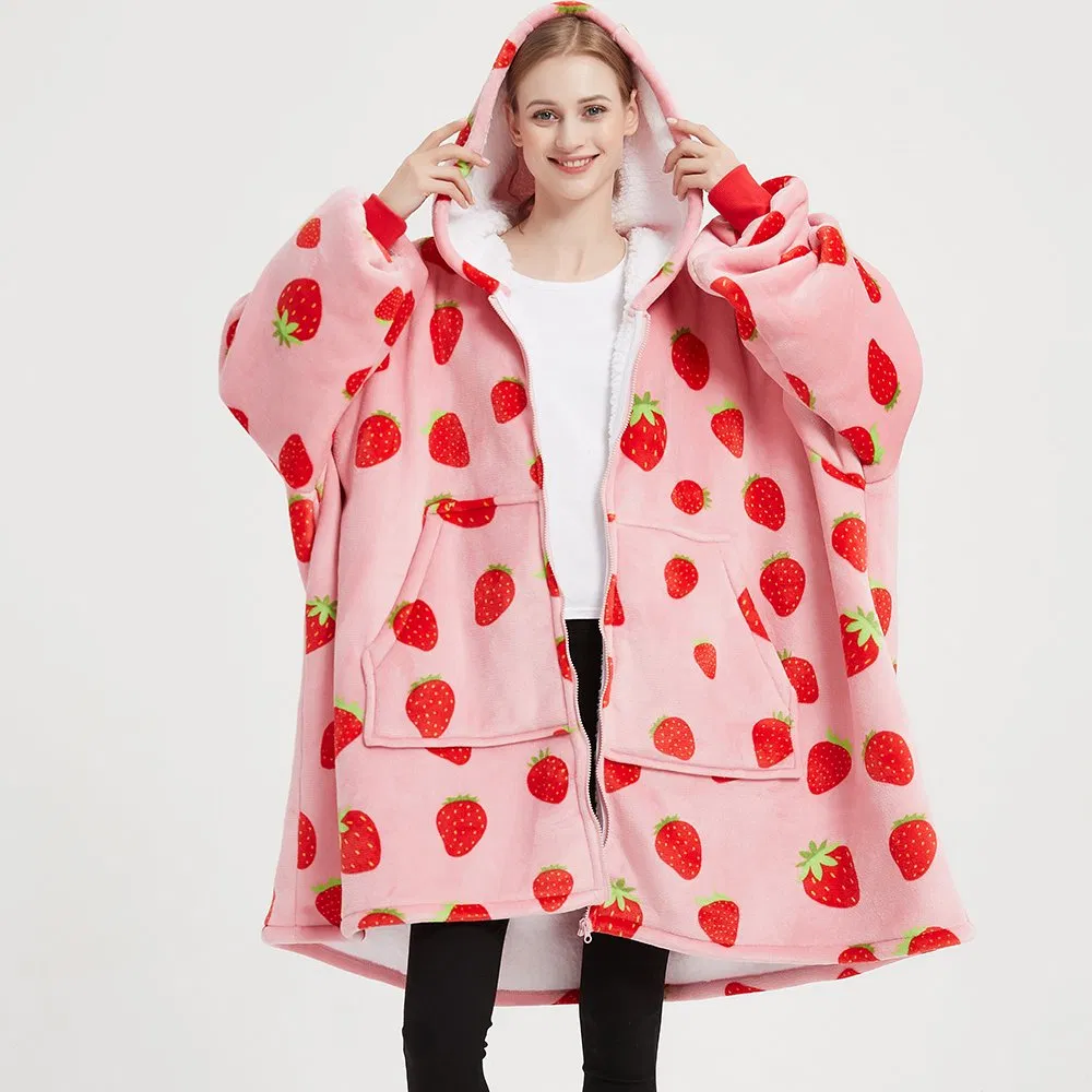 Oversized Adult Wearable Blanket with Deep Pockets Warm Fleece Sherpa Hooded Blanket