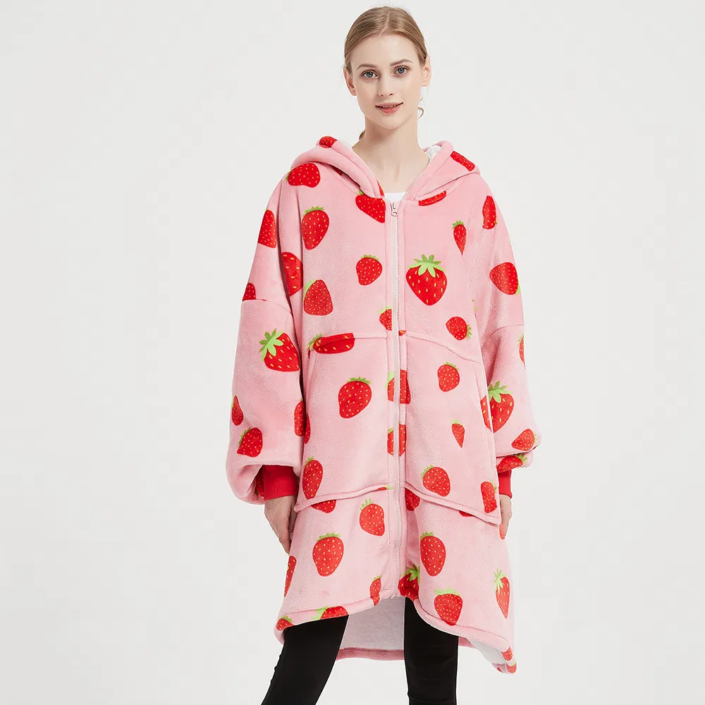 Oversized Adult Wearable Blanket with Deep Pockets Warm Fleece Sherpa Hooded Blanket