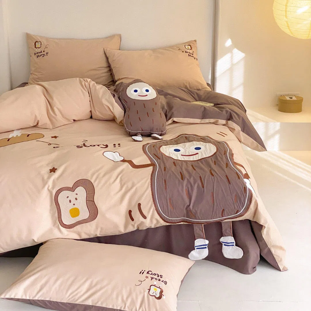 Wholesale Cartoon Peanut Embroidered-Bedlinen Duvet Cover 100% Washed Cotton King Size Brown Quilt ODM Coverlets Bed Sheets Kids' 4PCS Home Bedding Set